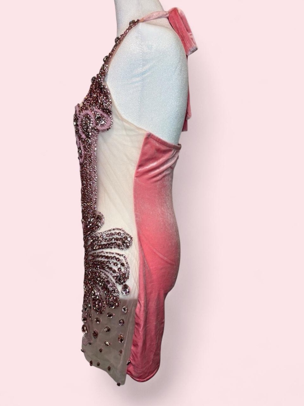 Bodycon Bedazzled Gem Sheer Pink Dress with Velvet Back - Picture 7 of 9